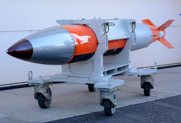 View of a flight-test body of a B61-12 nuclear weapon, used for testing on operational aircraft at the Sandia National Laboratories in Albuquerque, New Mexico on April 2, 2015. The flight-test body is a semi-operational copy of an actual B61-12 but without the "physics package" (nuclear bomb) or functional tail fins.(Jerry Redfern / The Center for Investigative Reporting / Reveal)