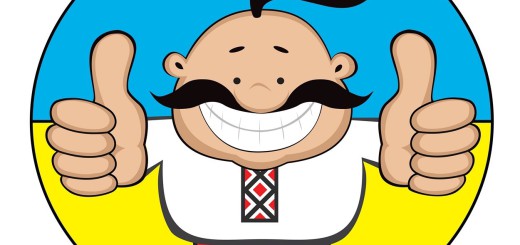 Smiling cartoon man (cossack)in ukrainian traditional clothes with soccer ball  showing thumbs up. Ukrainian flag in background. Separate layers.